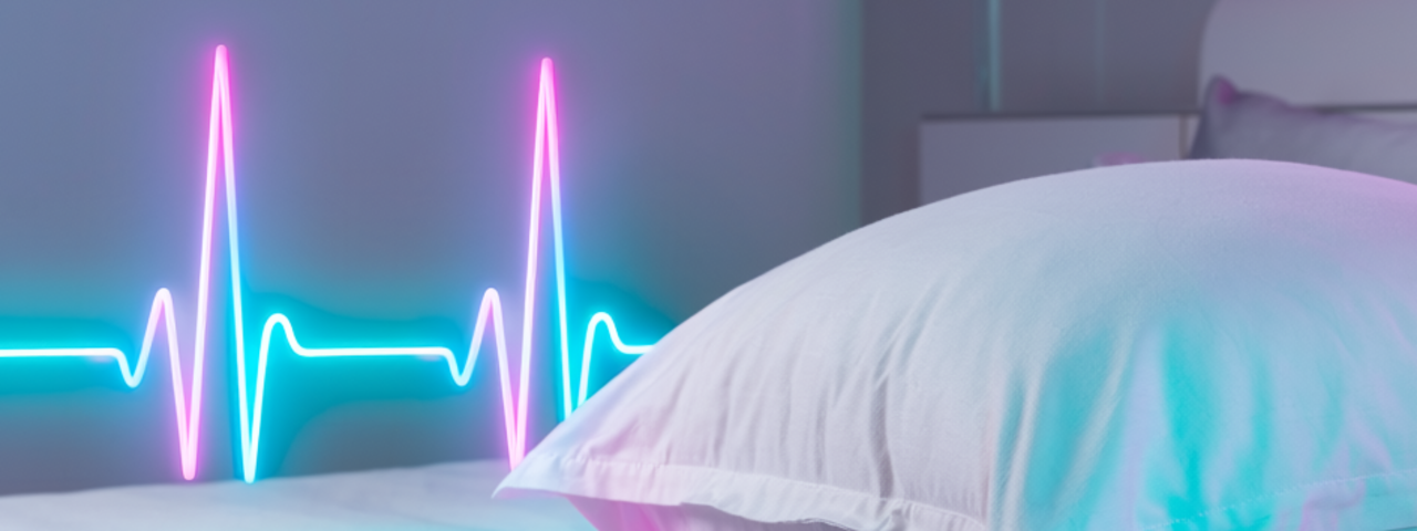 Kissen auf einem Bett mit einer bunten EKG Linie