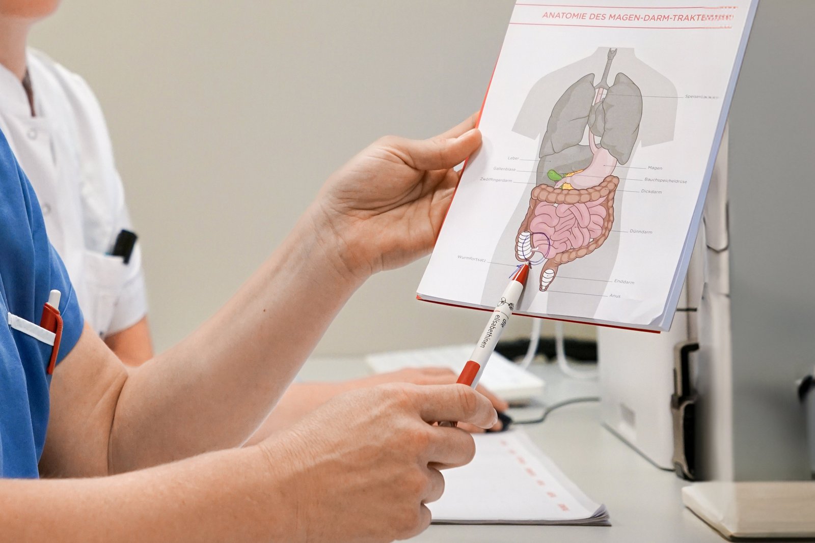 Ärztin erklärt anhand eines Bildes die Coloskopie