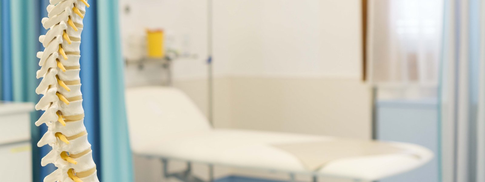 Modell einer Wirbelsäule, im Hintergrund ein Patientenzimmer